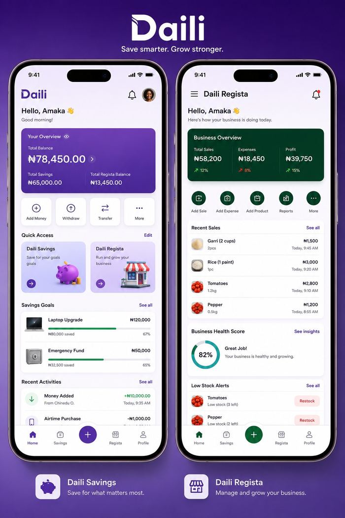 Daili Savings and Daili Regista app screens side by side