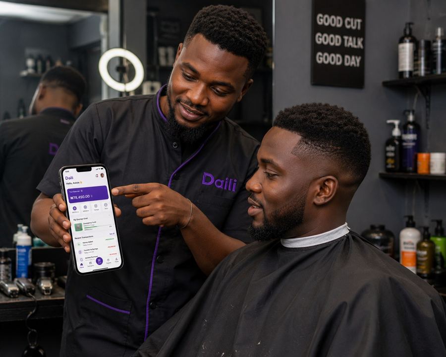 Barber showing a customer his Daili app balance in a Port Harcourt barbershop