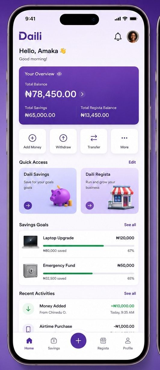 Daili Savings app home screen showing balance and savings goals
